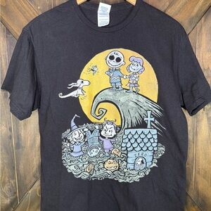 Charlie Brown Nightmare Before Christmas Mashup Black Graphic Tee Shirt Medium